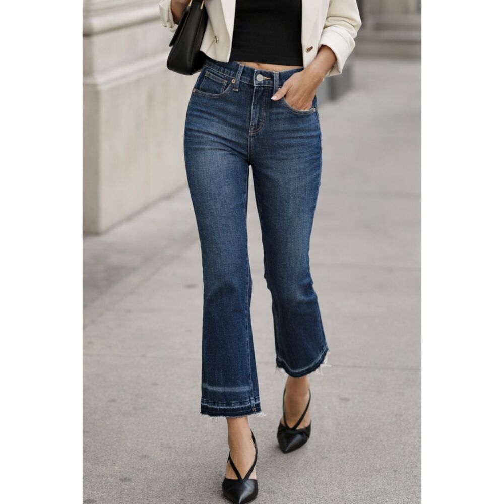 Lucky Brand Ava Mid Rise Crop Mini Boot Jeans Raw Hem Stretch Denim Sz 0